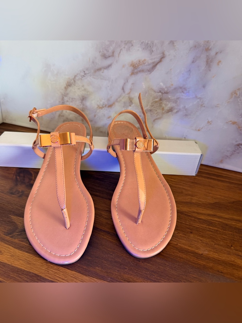 Vince Camuto Peach Bow T-Strap Sandals